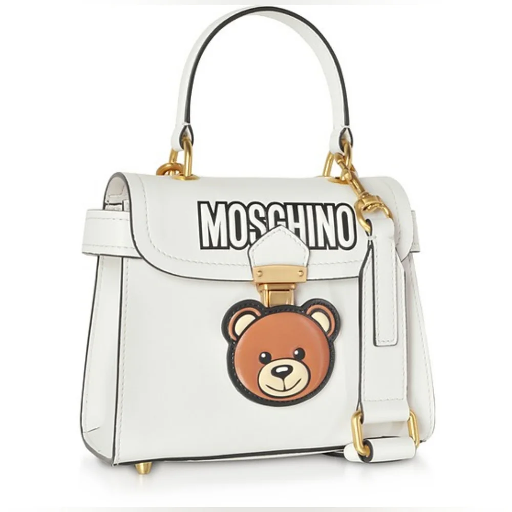Authentic Rare Moschino White Leather Teddy Bear Satchel Bag - Picture 5 of 11